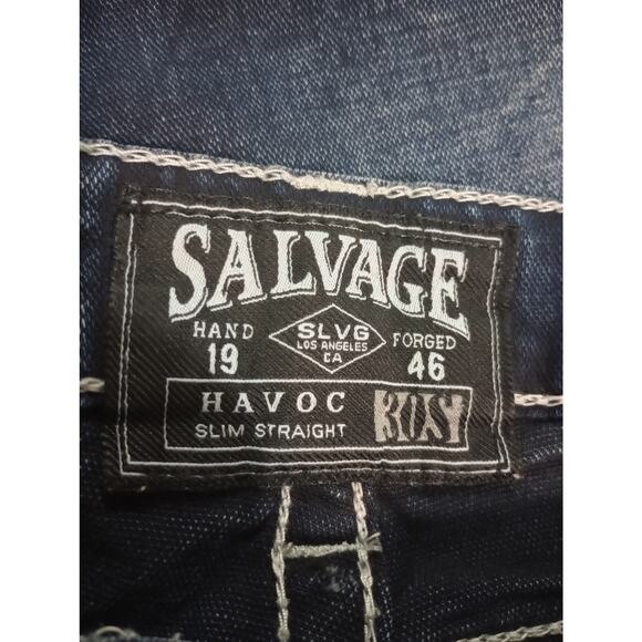 Salvage Havoc Jeans Mens 30x35 Blue Slim Straight Distressed Embroidered Denim - Picture 6 of 9